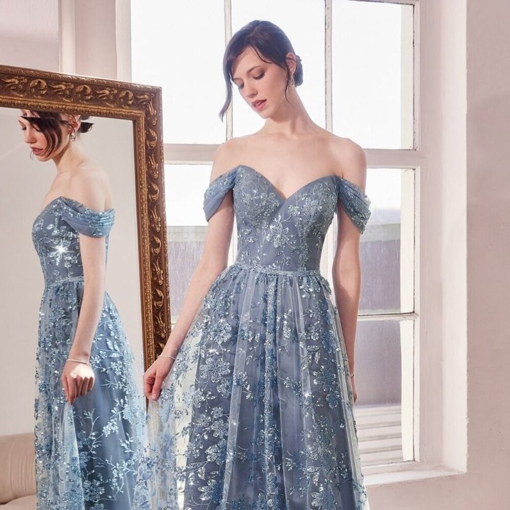 New Off Shoulder A-Line Sequins Embellished Maxi Gown w/ Sweetheart Neck CD T607